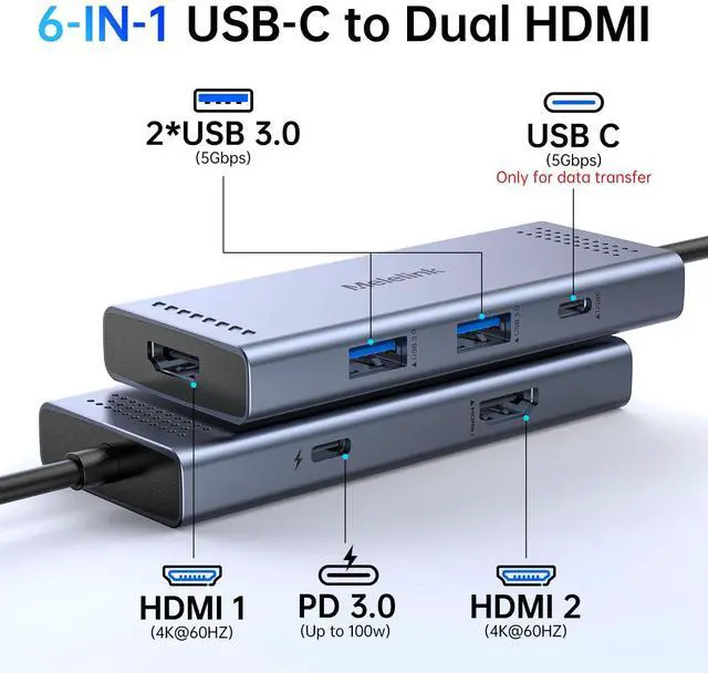 Alt view image 2 of 5 - Docking Station to Dual HDMI Monitor, USB C to Dual HDMI Adapter, USB-C HUB with 2xHDMI Ports 4K 60Hz, 100W PD Charging, USB-A&C 3.0, Laptop Docking Station Compatible with Dell, HP, Lenovo, and More