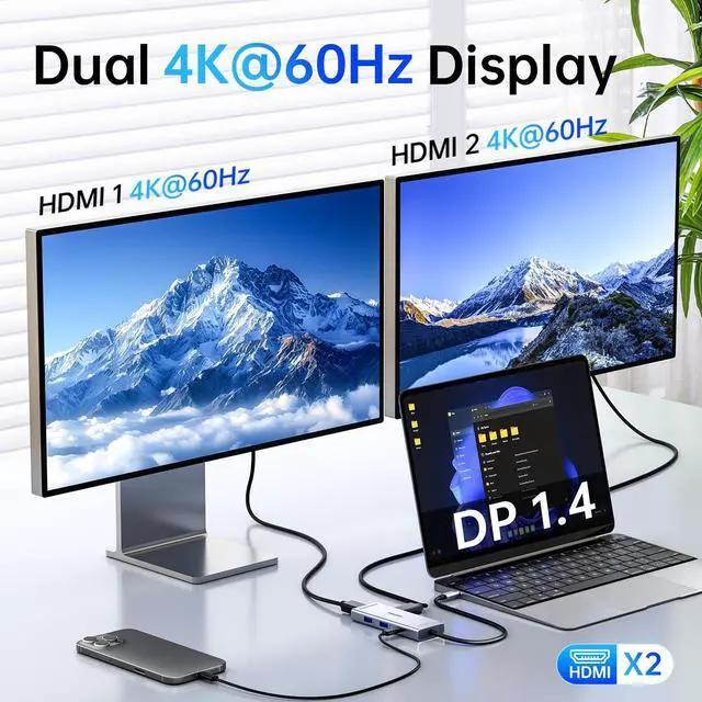 Alt view image 3 of 5 - Docking Station to Dual HDMI Monitor, USB C to Dual HDMI Adapter, USB-C HUB with 2xHDMI Ports 4K 60Hz, 100W PD Charging, USB-A&C 3.0, Laptop Docking Station Compatible with Dell, HP, Lenovo, and More