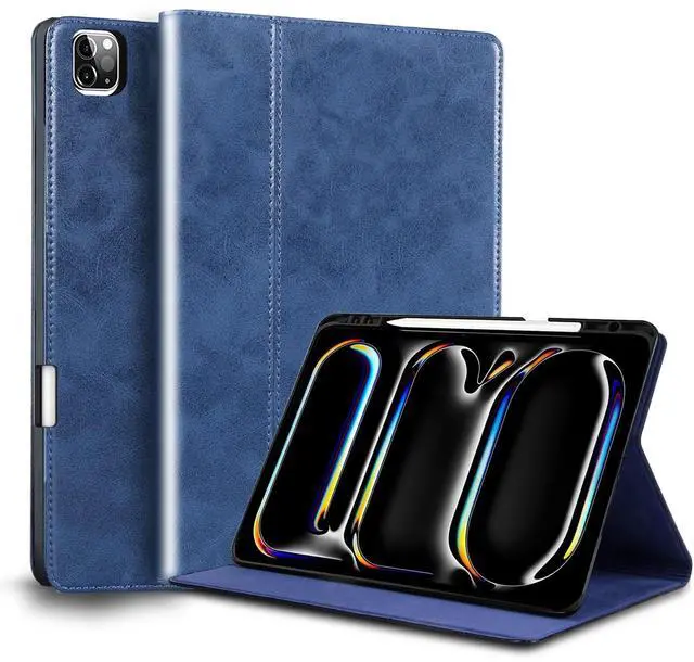 Main image of NANRUIL for Ipad Pro 11-inch Case M4 5th Gen 2024(Model:A2836/A2837) Genuine Leather Cover Protective Shell,Built-in Pencil Holder and Auto Wake/Sleep.Blue