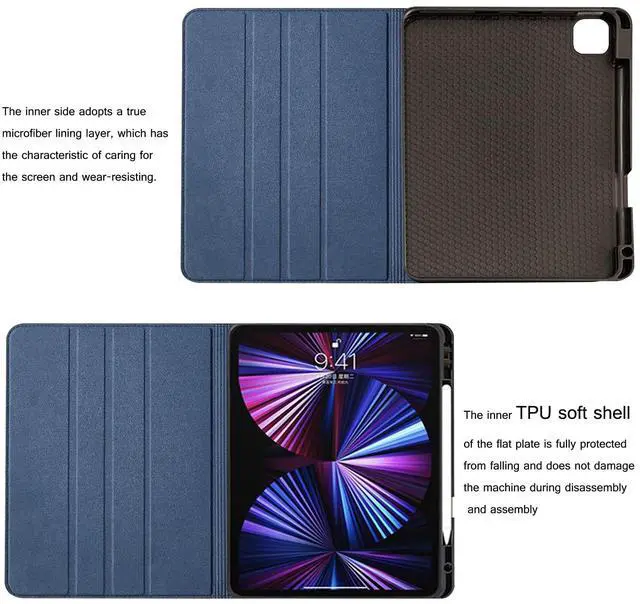 Alt view image 4 of 5 - NANRUIL for Ipad Pro 11-inch Case M4 5th Gen 2024(Model:A2836/A2837) Genuine Leather Cover Protective Shell,Built-in Pencil Holder and Auto Wake/Sleep.Blue
