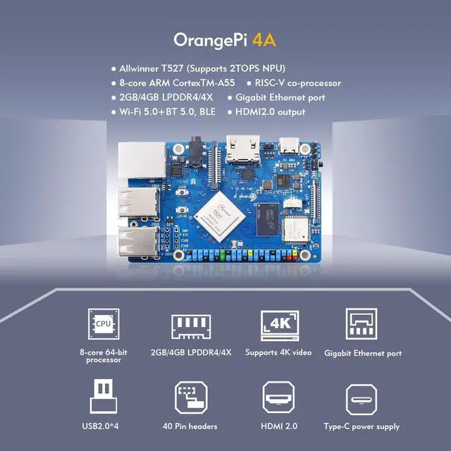 Alt view image 3 of 5 - Orange Pi 4A 4GB Allwinner T527 with RISC-V Coprocessor Single Board Computer with eMMC Socket, Support WiFi 5/BT5.0, Development Board Run Ubuntu/Debian/Android 13(4GB+Power Supply)