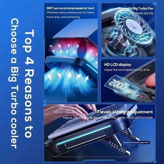 Alt view image 5 of 5 - Gaming Laptop Cooling pad for Asus ROG m18 m16 Zephyrus Strix G16 G18 G14 G15 G17 TUF Series Scar 18 17 16 15 14 inch Laptop, Cooler with Powerful Turbo Cooling Fan, RGB Lights,Height Adjustable