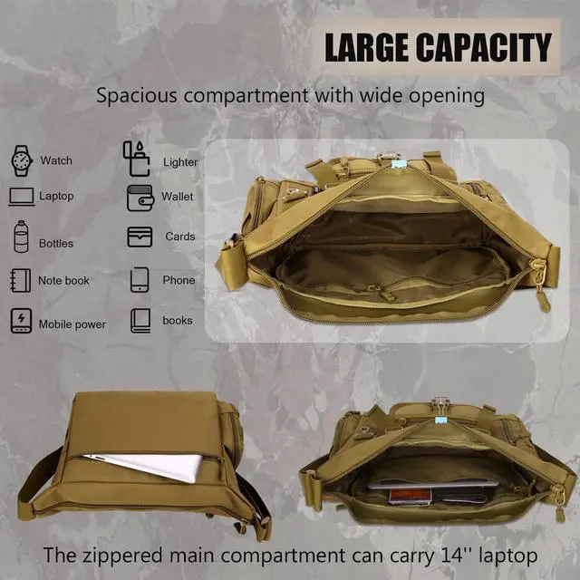 Alt view image 4 of 5 - Protector Plus Tactical Messenger Bag Men Military MOLLE Sling Shoulder Pack Briefcase Assault Gear Handbags Outdoor Utility Carry Satchel Laptop Case (Patch Included), Brown