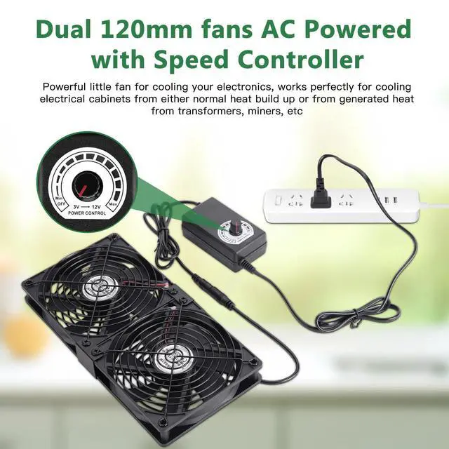 Alt view image 4 of 5 - Qirssyn 2 x 120mm 240mm Computer Fan with AC Plug, 110V - 240V AC Powered Fan with Variable Speed Controller for Receiver Cabinet Chassis Machine Server Workstation Cooling