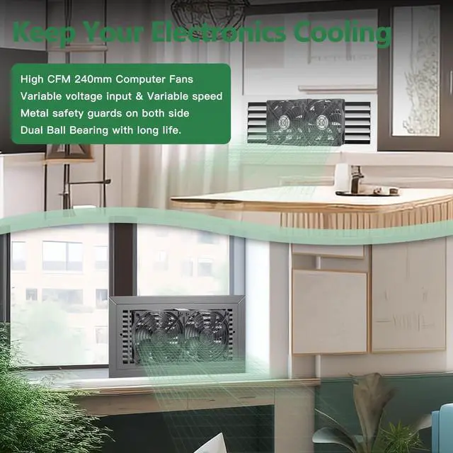 Alt view image 5 of 5 - Qirssyn 2 x 120mm 240mm Computer Fan with AC Plug, 110V - 240V AC Powered Fan with Variable Speed Controller for Receiver Cabinet Chassis Machine Server Workstation Cooling