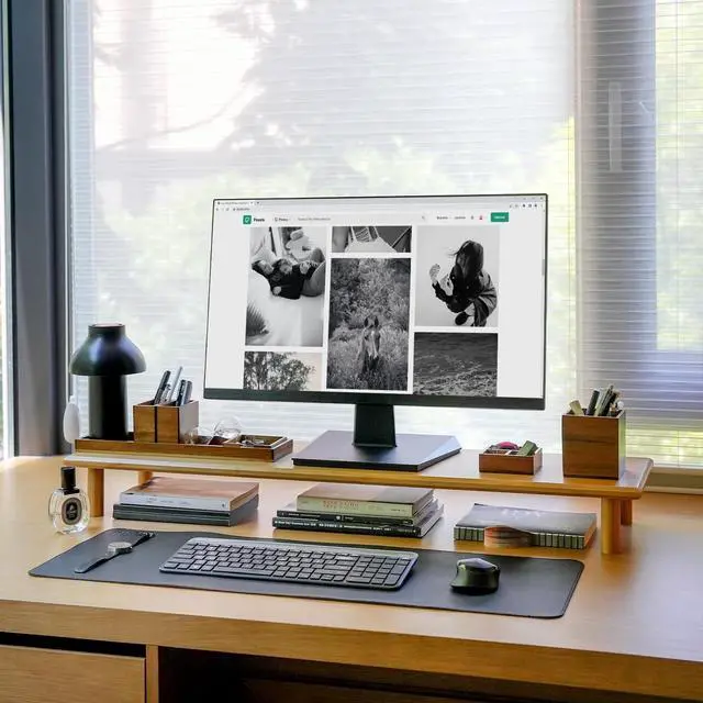 Alt view image 3 of 5 - ROCDEER Dual Monitor Stand Riser, Black Desk Monitor Riser for 2 Monitors+ Wood Vanity Tray, 6-Piece Countertop Organizer Vanity Tray Set