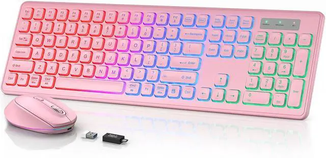 Main image of Wireless Keyboard and Mouse Backlit, Quiet Light Up Keys, Tilt Legs, Sleep Mode - Rechargeable USB Cordless Combo for Computer, iMac, PC, Laptop - by SABLUTE (Rose Pink)