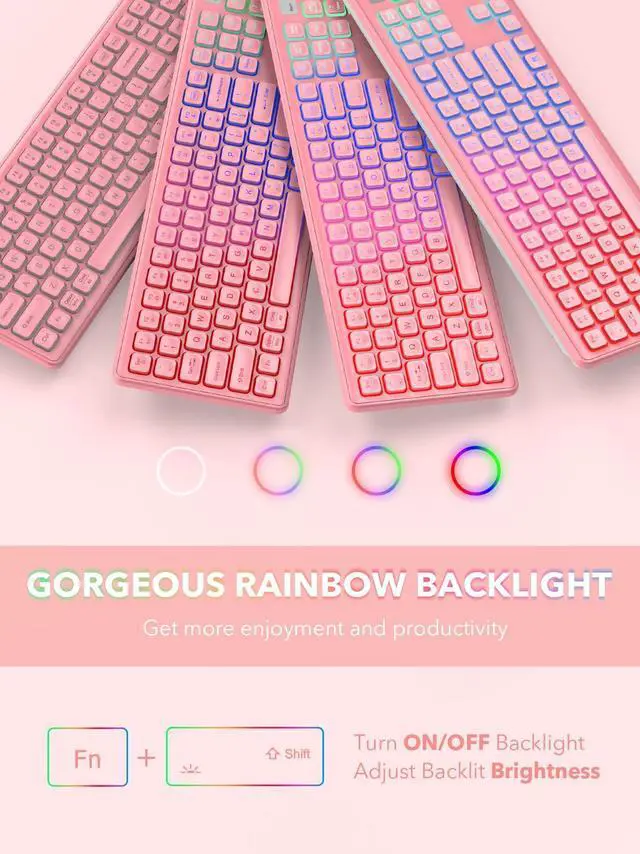 Alt view image 2 of 5 - Wireless Keyboard and Mouse Backlit, Quiet Light Up Keys, Tilt Legs, Sleep Mode - Rechargeable USB Cordless Combo for Computer, iMac, PC, Laptop - by SABLUTE (Rose Pink)