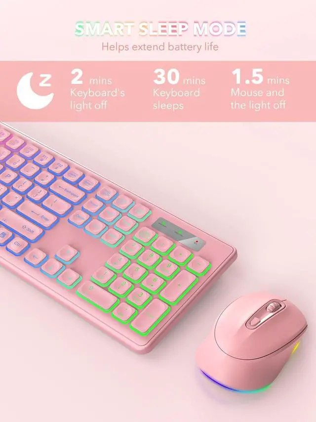 Alt view image 5 of 5 - Wireless Keyboard and Mouse Backlit, Quiet Light Up Keys, Tilt Legs, Sleep Mode - Rechargeable USB Cordless Combo for Computer, iMac, PC, Laptop - by SABLUTE (Rose Pink)