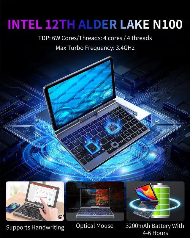 Alt view image 2 of 5 - 8 Inch 2-in-1 Mini Laptop,HD Rotatable Touch Screen Support Handwriting Windows 11 Pro Small Laptop,Intel N100,12GB RAM, 512GB SSD,Wi-Fi 6, BT 5.2,2 MP Camera,G-Sensor,HDMI,Type C Ultra Pocket PC