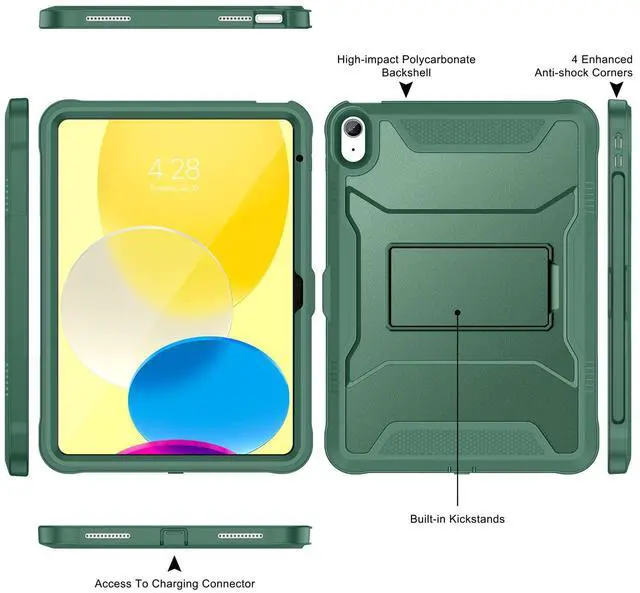 Alt view image 3 of 5 - Soke Case for iPad (A16) 11th Generation 11-inch 2025, iPad 10th Generation 10.9-inch 2022, with Built-in Screen Protector and Kickstand, Rugged Full Body Protective Cover - Midnight Green