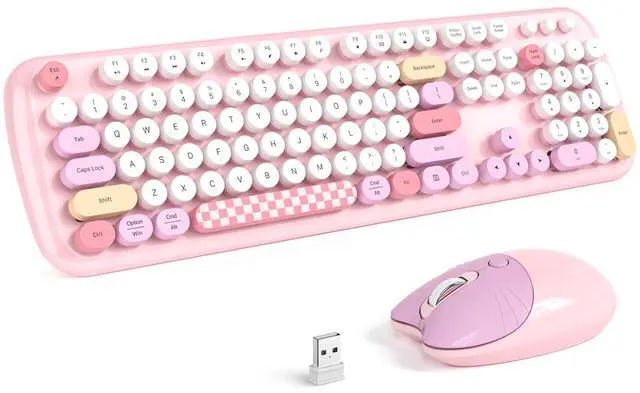 Main image of Retro Wireless Keyboard and Mouse Combo, SQMD Full-Size Office Typewriter Keyboard with Round Colorful Keycaps, 2.4G Cute Quiet Mouse for Windows PC, Home, Office, and College - Pink