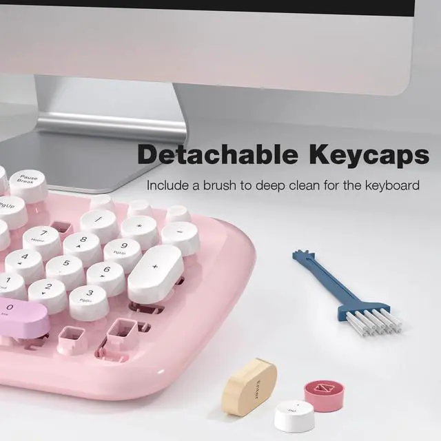 Alt view image 3 of 5 - Retro Wireless Keyboard and Mouse Combo, SQMD Full-Size Office Typewriter Keyboard with Round Colorful Keycaps, 2.4G Cute Quiet Mouse for Windows PC, Home, Office, and College - Pink