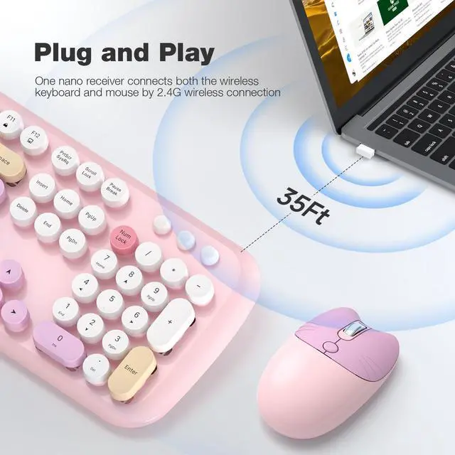 Alt view image 2 of 5 - Retro Wireless Keyboard and Mouse Combo, SQMD Full-Size Office Typewriter Keyboard with Round Colorful Keycaps, 2.4G Cute Quiet Mouse for Windows PC, Home, Office, and College - Pink