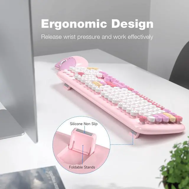 Alt view image 4 of 5 - Retro Wireless Keyboard and Mouse Combo, SQMD Full-Size Office Typewriter Keyboard with Round Colorful Keycaps, 2.4G Cute Quiet Mouse for Windows PC, Home, Office, and College - Pink
