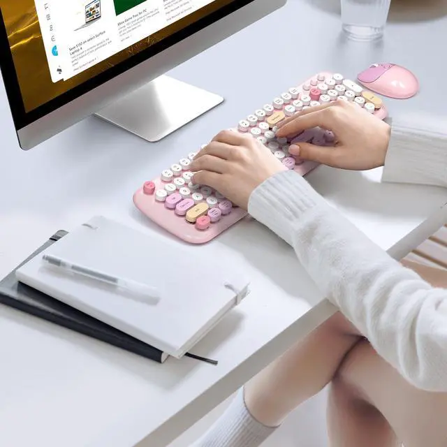 Alt view image 5 of 5 - Retro Wireless Keyboard and Mouse Combo, SQMD Full-Size Office Typewriter Keyboard with Round Colorful Keycaps, 2.4G Cute Quiet Mouse for Windows PC, Home, Office, and College - Pink