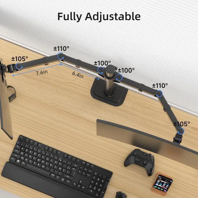 Alt view image 3 of 5 - Suptek Dual Ultrawide Monitor Desk Mount,Fully Adjustable Dual Monitor Arm for 2 Monitor Screens up to 38 inches and Max 22lbs Each,Extra Tall 15.75" Pole Dual Monitor Stand for Desk,Black(MD9442MB)