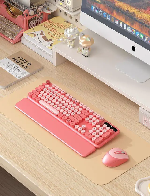 Alt view image 2 of 5 - 2 Pack Wireless Keyboard and Mouse Combo - Cute Typewriter Keyboard with Detachable Wrist Rest, Retro Round Keycaps, Foldable Legs, 2.4GHz Full-Size Keyboard for PC, Laptop, Windows