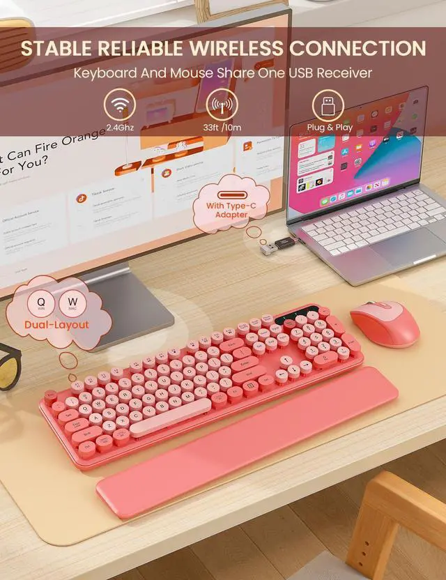 Alt view image 4 of 5 - 2 Pack Wireless Keyboard and Mouse Combo - Cute Typewriter Keyboard with Detachable Wrist Rest, Retro Round Keycaps, Foldable Legs, 2.4GHz Full-Size Keyboard for PC, Laptop, Windows