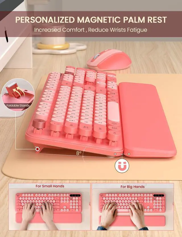 Alt view image 3 of 5 - 2 Pack Wireless Keyboard and Mouse Combo - Cute Typewriter Keyboard with Detachable Wrist Rest, Retro Round Keycaps, Foldable Legs, 2.4GHz Full-Size Keyboard for PC, Laptop, Windows