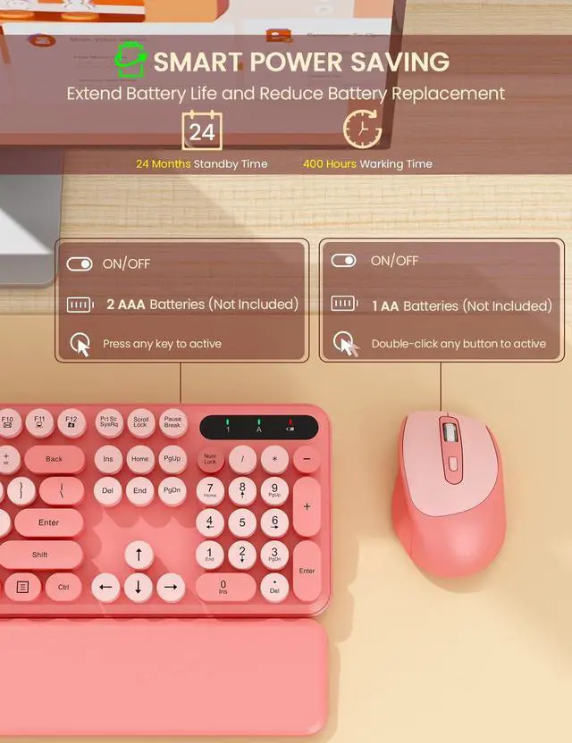 Alt view image 5 of 5 - 2 Pack Wireless Keyboard and Mouse Combo - Cute Typewriter Keyboard with Detachable Wrist Rest, Retro Round Keycaps, Foldable Legs, 2.4GHz Full-Size Keyboard for PC, Laptop, Windows