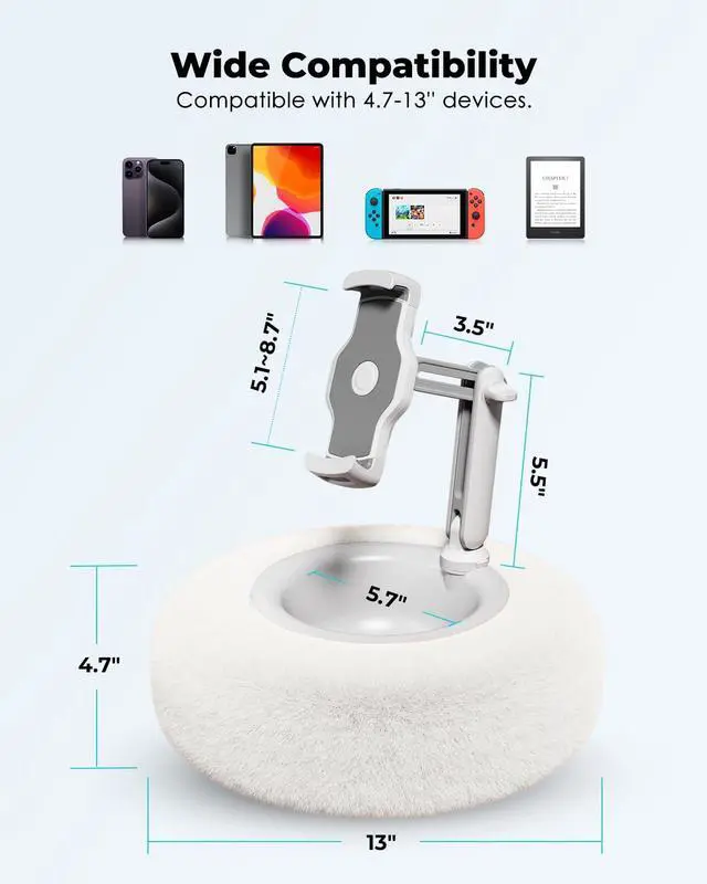 Alt view image 3 of 5 - Viozon Tablet Stand Pillow, Compatible with 4.7"-13" Phone/Tablet, iPad, iPhone, Samsung, Google, Kindle, 360°Adjustable Phone Holder for Bed with Soft Plush Fabric, and Detachable Bowl, White