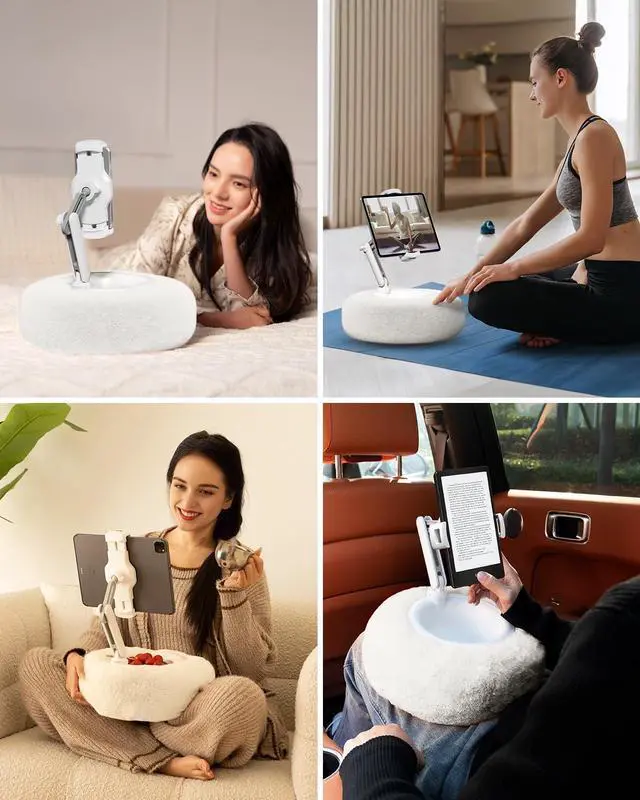 Alt view image 2 of 5 - Viozon Tablet Stand Pillow, Compatible with 4.7"-13" Phone/Tablet, iPad, iPhone, Samsung, Google, Kindle, 360°Adjustable Phone Holder for Bed with Soft Plush Fabric, and Detachable Bowl, White