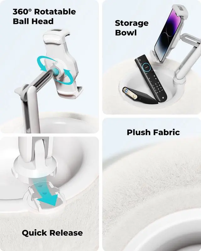 Alt view image 5 of 5 - Viozon Tablet Stand Pillow, Compatible with 4.7"-13" Phone/Tablet, iPad, iPhone, Samsung, Google, Kindle, 360°Adjustable Phone Holder for Bed with Soft Plush Fabric, and Detachable Bowl, White