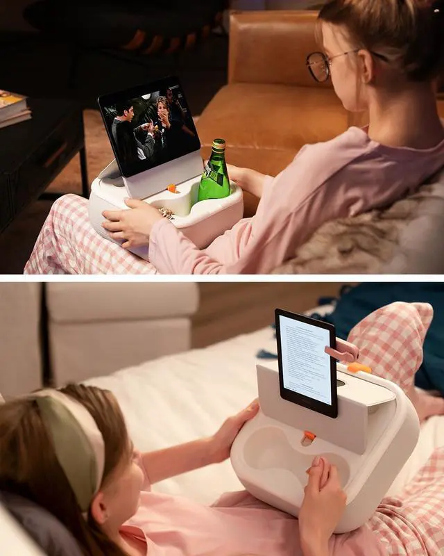 Alt view image 2 of 5 - Viozon Tablet Stand Pillow, Compatible with 4-13" Phone/Tablet, iPad, iPhone, Samsung,Kindle,Google, Magnetic Phone Stand for Desk, Kindle Pillow Stand for Bed with Cozy Fabric,and Two Cup Size Bowl.W