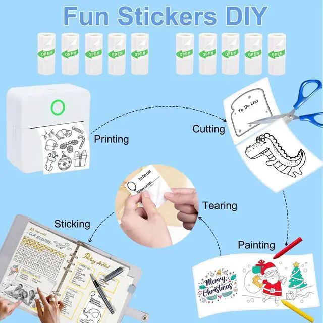 Alt view image 4 of 5 - Vicbear Mini Sticker Printer Set with 10 Rolls Sticker Paper + 15 Rolls White Thermal Sticker Paper Set, White