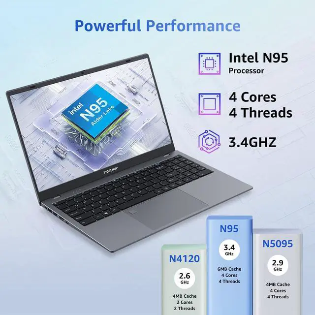 Alt view image 2 of 4 - VIGSENUP Laptop, 12GB LPDDR5 RAM, 1TB SSD, 15.6 Inch Laptop Computer, Win 11 Pro, N95 Quad Core Processor, Up to 3.4GHz, Preinstall Office Pro Plus 2024, WiFi 5, BT 5.0, USB-C, Webcam, Fingerprint