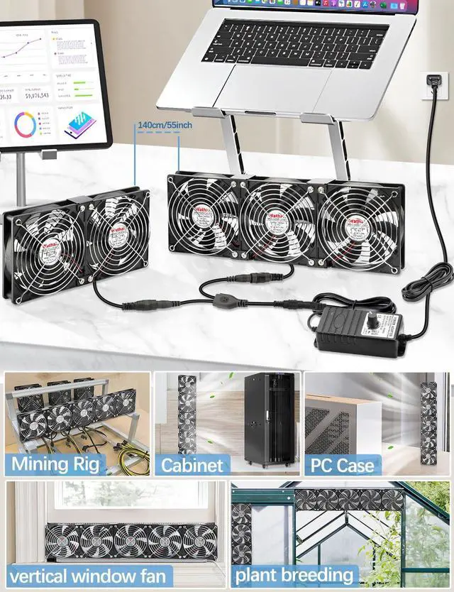 Alt view image 2 of 5 - Wathai 120mm x 5 Small Box Computer Fan with AC Plug Dual Ball with Variable Speed Controller for External GPU, Server Rack Cabinet, Chicken Coop, Window Exhaust Cooling Ventilation