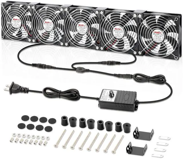 Main image of Wathai 120mm x 5 Small Box Computer Fan with AC Plug Dual Ball with Variable Speed Controller for External GPU, Server Rack Cabinet, Chicken Coop, Window Exhaust Cooling Ventilation