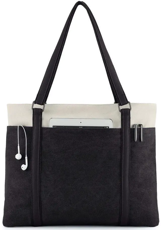 Main image of Wxnow Durable 15.6" Women's Canvas Tote Bag - Lightweight Laptop Purse with 12 Pockets, Water-Resistant Work Bag for Office, College, Travel (Black)