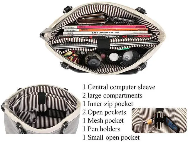 Alt view image 4 of 5 - Wxnow Durable 15.6" Women's Canvas Tote Bag - Lightweight Laptop Purse with 12 Pockets, Water-Resistant Work Bag for Office, College, Travel (Black)