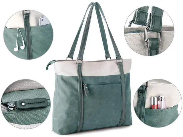 Alt view image 5 of 5 - Wxnow Durable 15.6" Women's Canvas Tote Bag - Lightweight Laptop Purse with 12 Pockets, Water-Resistant Work Bag for Office, College, Travel (Black)