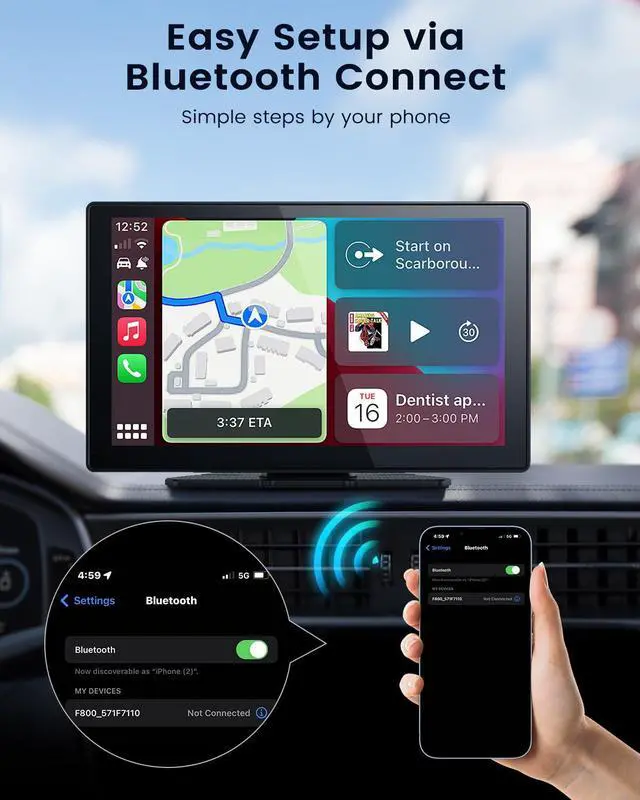 Alt view image 3 of 5 - Yaseme Wireless Carplay Screen for Car, 9" HD Portable Car Stereo Touch Screen, CarPlay & Android Auto with 1080p Backup Camera Mirror Link FM GPS Navigation