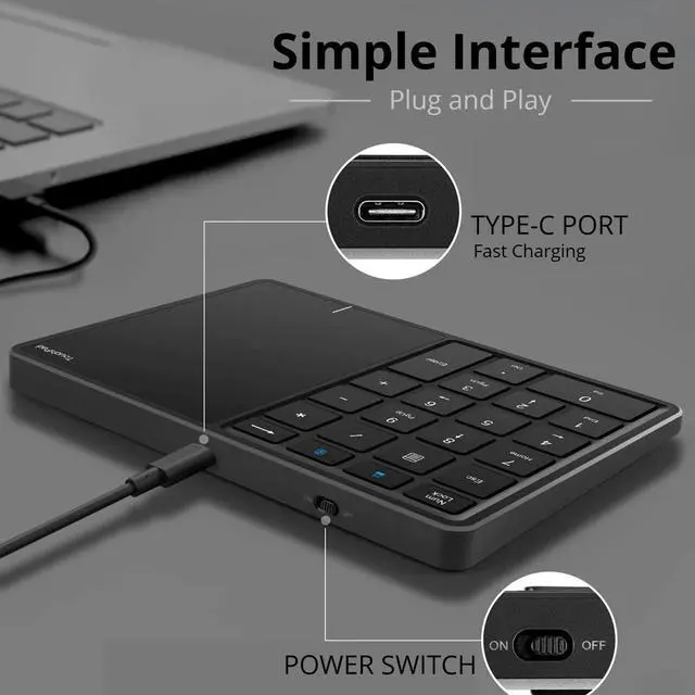 Alt view image 5 of 5 - Yoidesu 22 Keys Numeric Keypad with Touchpad, 5.0/2.4G Touch Pad Number Pad, Type C Portable Numpad Financial Accounting with USB Receiver for Laptop