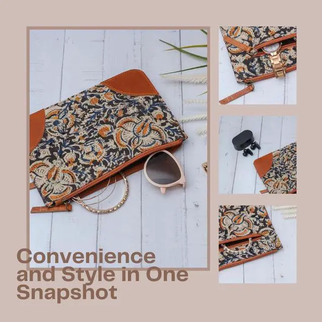 Alt view image 5 of 5 - ZAARIYA Bundle of Handcrafted Laptop Bag and Accessories Pounch Bag for Cosmetic Toiletry Bag/Purse Organization | Made from Leather with Hanablock Fabric