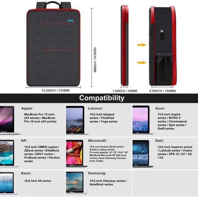 Alt view image 2 of 5 - ZINZ Slim & Expandable Laptop Backpack 15 15.6 16 Inch Sleeve with USB Port, Spill-Resistant Notebooks Bag Case for Most 14-16 Inch MacBooks Surface-Books Dell HP Lenovo Asus Computers,B01RD01
