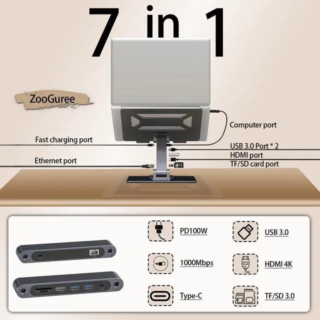 Alt view image 2 of 5 - ZooGuree 7 in 1 Laptop Docking Station Stand Detachable USB C Hub, 4K HDMI, 2 USB 3.0, RJ45, PD 3.0 Universal Laptop Stand with 360-degree Swivel Stand