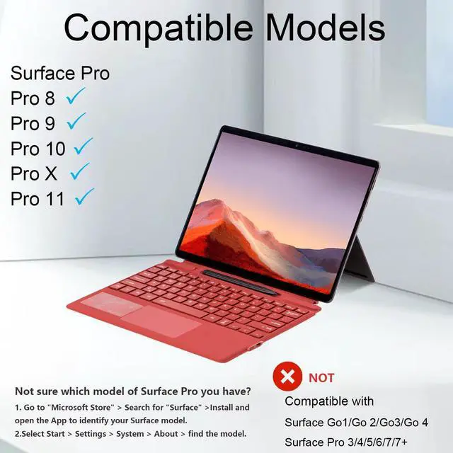 Alt view image 2 of 5 - mobee Type Cover for Microsoft Surface Pro 11 / Pro 10 / Pro 9 / Pro 8 / Pro X, 13 inch, Bluetooth Keyboard with Multi-Touch Trackpad Mouse, 7-Color Backlit, Ultra Slim & Pen Holder (Red)