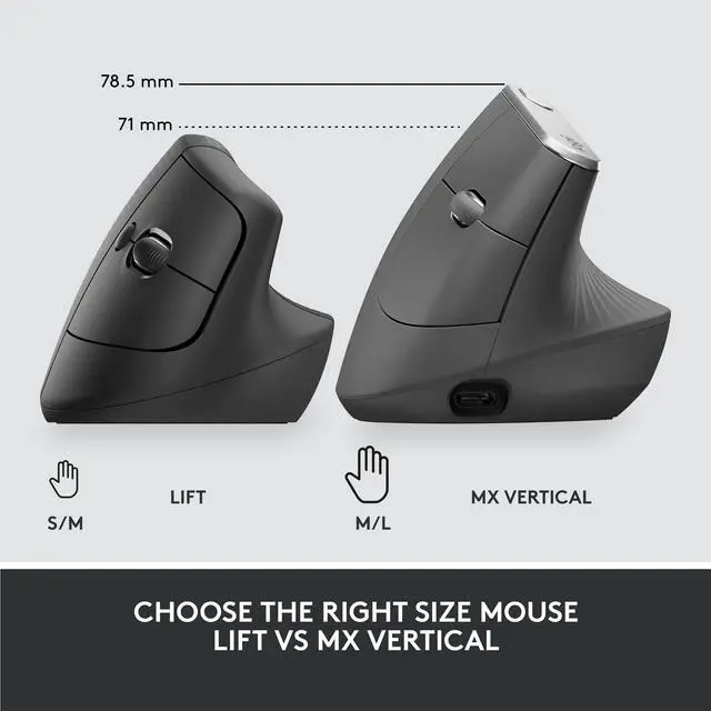 Alt view image 5 of 5 - Logitech Lift for Business, Vertical Ergonomic Mouse, Wireless, Bluetooth or Secured Logi Bolt USB, Quiet clicks, Globally Certified, Windows/Mac/Chrome/Linux - Graphite