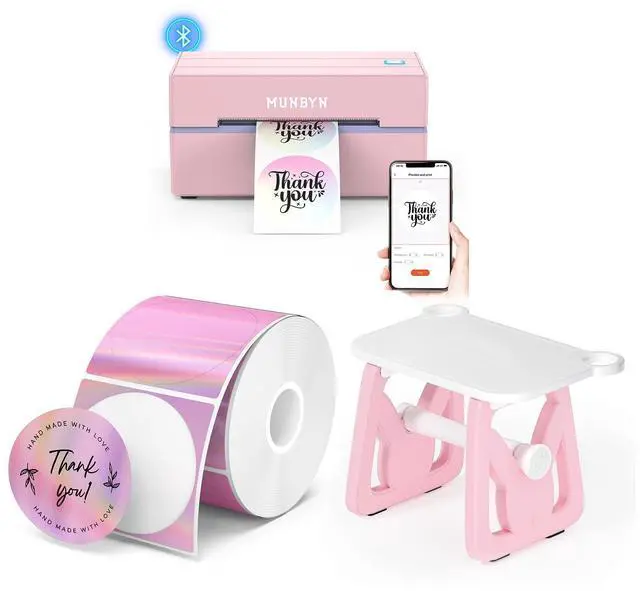 Main image of MUNBYN 130B Bluetooth Thermal Label Printer+2" Circle Holographic Thermal Label Stickers Pink+Label Holder for Rolls and Fanfold Labels