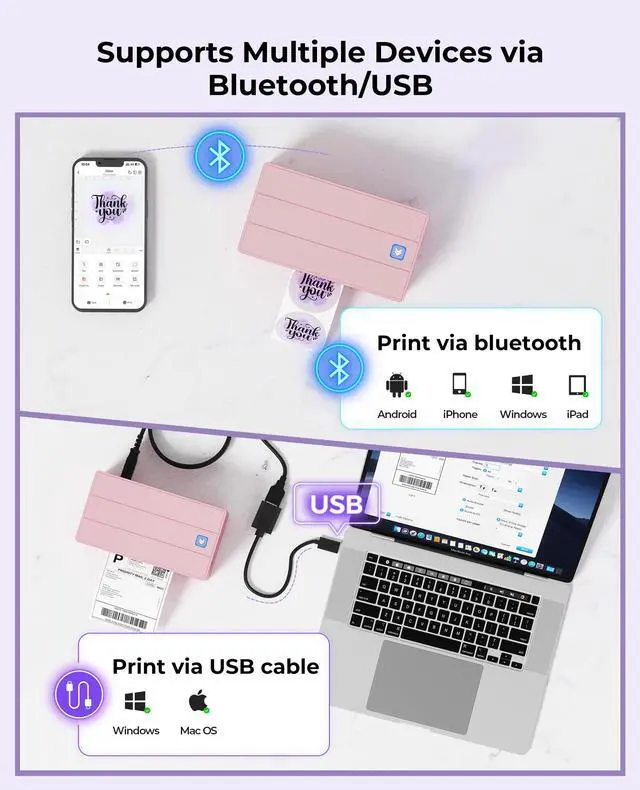 Alt view image 3 of 5 - MUNBYN 130B Bluetooth Thermal Label Printer+2" Circle Holographic Thermal Label Stickers Pink+Label Holder for Rolls and Fanfold Labels