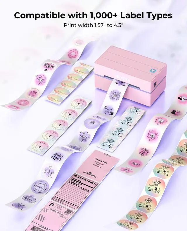 Alt view image 4 of 5 - MUNBYN 130B Bluetooth Thermal Label Printer+2" Circle Holographic Thermal Label Stickers Pink+Label Holder for Rolls and Fanfold Labels