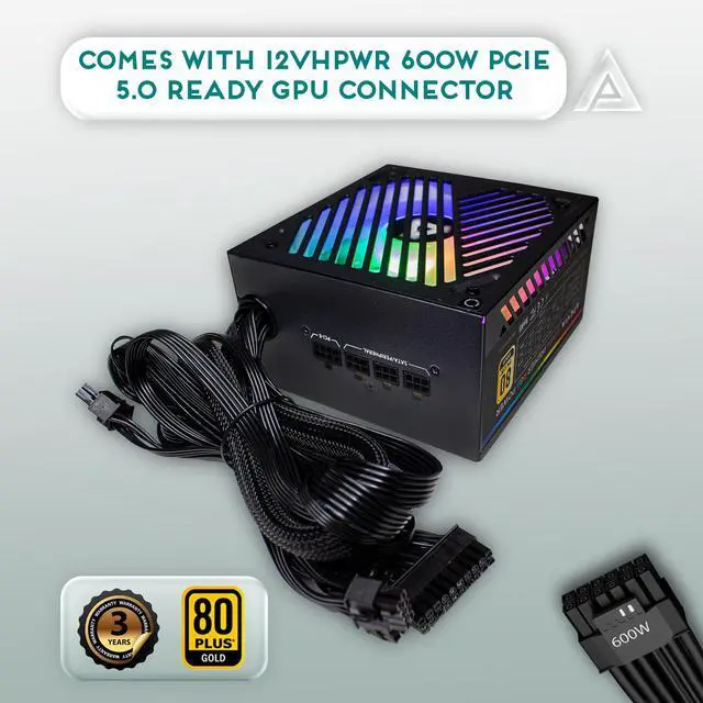 Alt view image 3 of 5 - Apevia ATX-PM1000W PCIe 5.0 & ATX 3.0 Ready Premier 1000W 80+ Gold Certified, Includes PCIe 5.0 / Gen 5 12VHPWR Connector, Active PFC ATX Semi-Modular Gaming Power Supply with 366 RGB Light Modes