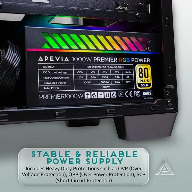 Alt view image 5 of 5 - Apevia ATX-PM1000W PCIe 5.0 & ATX 3.0 Ready Premier 1000W 80+ Gold Certified, Includes PCIe 5.0 / Gen 5 12VHPWR Connector, Active PFC ATX Semi-Modular Gaming Power Supply with 366 RGB Light Modes