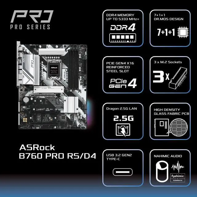 Alt view image 4 of 5 - ASRock B760 Pro RS/D4 Motherboard, Compatible with Intel 12th and 13th Generation CPU (LGA1700), B760 Chipset, DDR4 ATX Motherboard