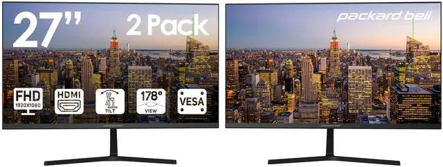 Main image of Packard Bell airFrame 27" FHD Monitor, 1920x1080, Ultrawide, VESA Mount, Tilt Adjust, HDMI/VGA, Slim Bezel, for Home, Office, and Light Gaming - 2 Pack